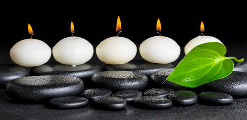 spa background of row white candles and green leaf on black zen