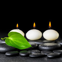Fototapeta na wymiar spa background of white candles and green leaf on black zen ston