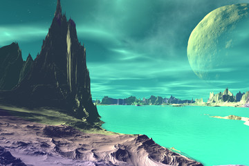 Obrazy na Plexi  3D renderowane fantasy obca planeta. Skały i niebo