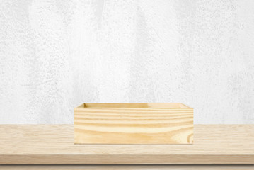 Wood storage box on table background, product display montage
