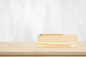 Wood storage box on table background, product display montage