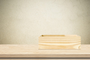 Wood storage box on table background, product display montage
