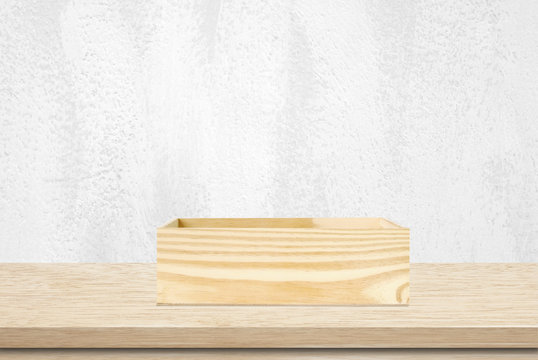 Wood storage box on table background, product display montage