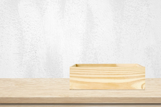 Wood storage box on table background, product display montage