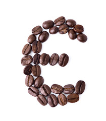 Alphabet from coffee beans. Isolated on white background.