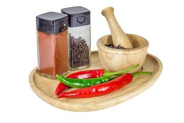 Plate with different kind of pepper, close-up, isolated on white