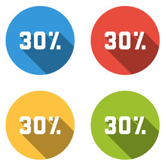 Collection of 4 isolated flat buttons (icons) for 30% (discount)