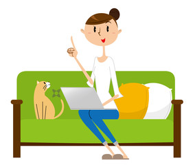 女性　ソファー　パソコン　指差し