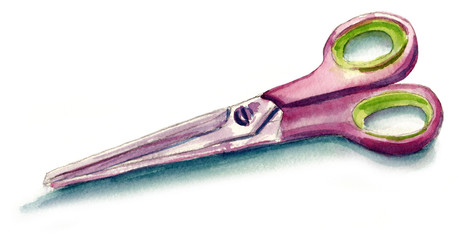 Watercolour scissors on white background