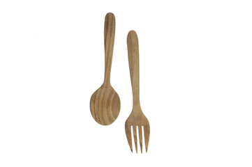 wooden spoon and fork  on white isolated