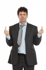 businessman giving middle finger