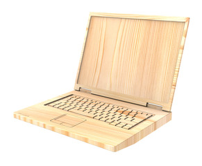 Wooden recyclable laptop isolated over white. 