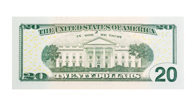 $20 banknote U.S. dollars isolated on white background.