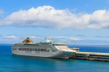 View of cruise ship in Funchal port, Madeira island, Portugal