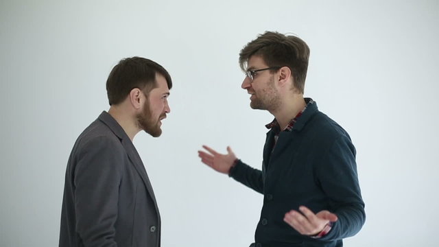 Two men swears at white background. Slow motion.
