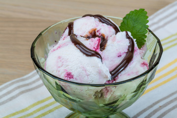 Ice cream with choco and mint leaves