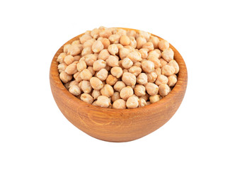 Chickpea in wooden bowl, isolated on white background