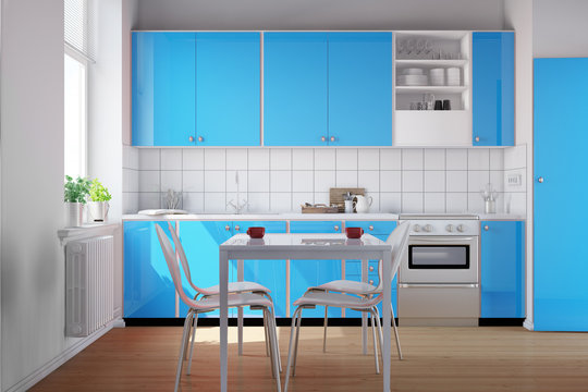 Hellblaue Küchenzeile in sauberer Küche