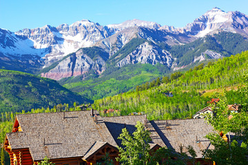 Panorama of Telluride Mountains and houses in Colorado, US