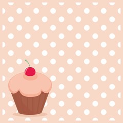 Cherry vector cupcake on white polka dots pink background