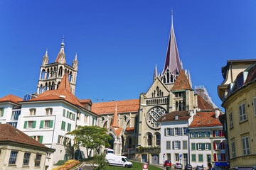 Lausanne Cathedral in summer - obrazy, fototapety, plakaty