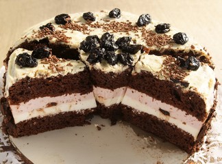 chocolate cake with chocolate icing and pink filling