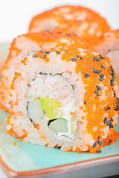 Closeup California maki sushi with masago