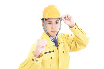 ガッツポーズの労働者