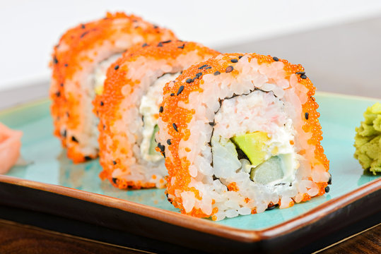 Closeup California maki sushi in row