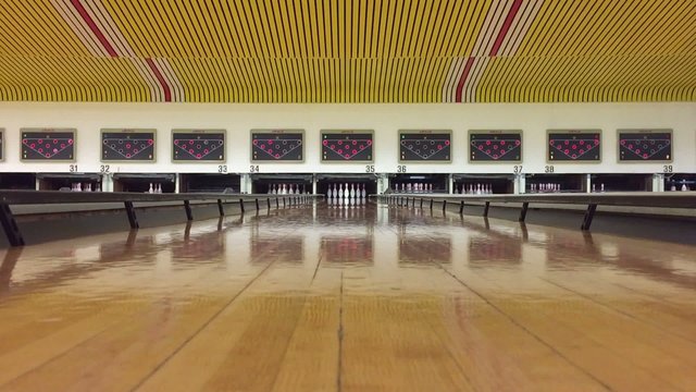 Bowling alley with pins. 