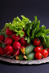 fresh vegetables and greens (cucumber, radish, tomato, lettuce, spinach) on the metal tray on a black background