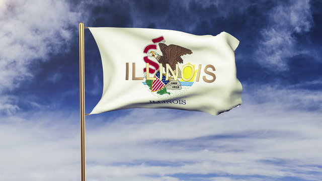 illinois flag with title waving in the wind. Looping sun rises