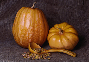 two orange pumpkins and a large wooden spoon with pumpkin seeds
