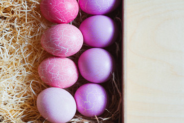 Easter eggs on the table, top-view