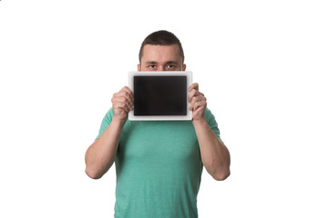 Man Showing Blank Taplet Pc On White Background