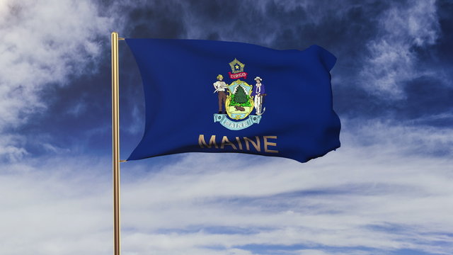 maine flag with title waving in the wind. Looping sun rises