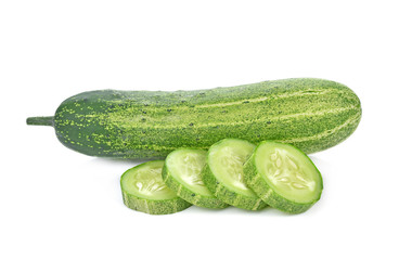 Cucumber and slices isolated over white background.