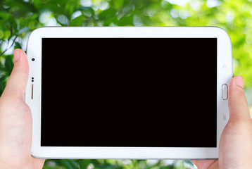 Tablet in hand over the blue tree with bokeh light
