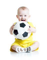adorable kid with football over white background