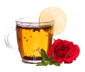 glass cup of Hibiscus roses tea with lemon and mint isolated