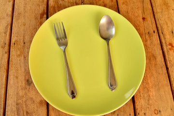 Empty dinner plate front view on wood  background
