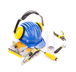 Blue safety helmet with earphones