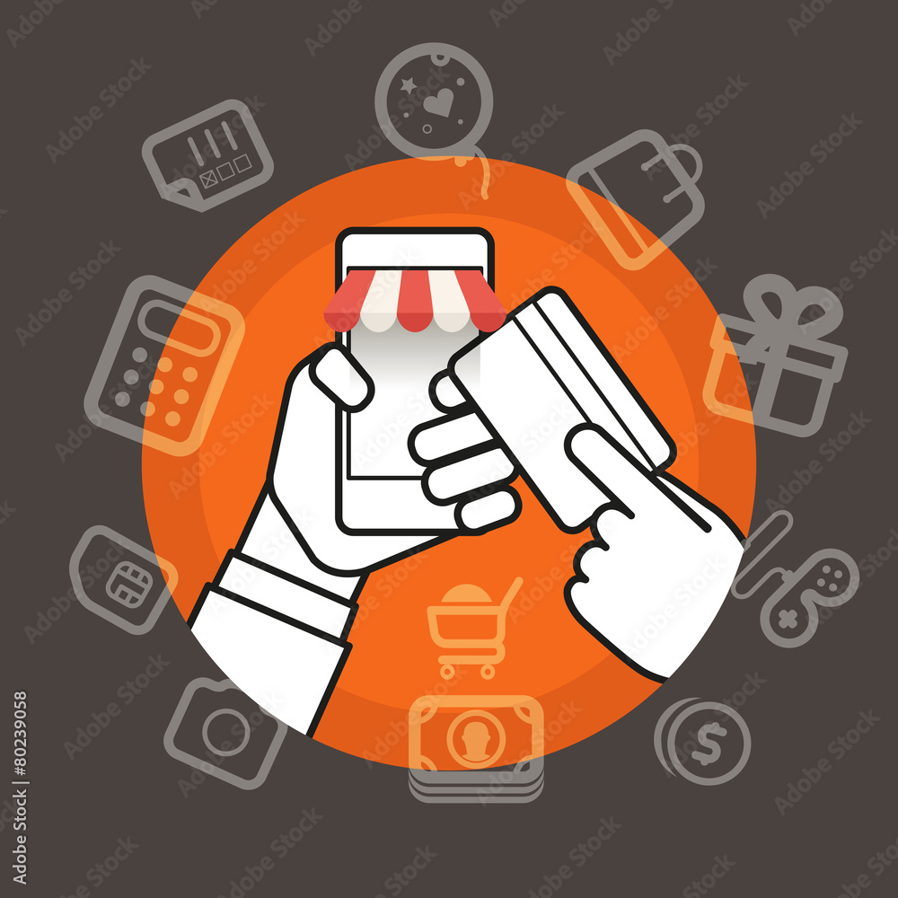 Poster shopping via internet connection. simple line design illustratio