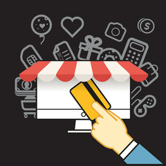 Shopping via internet connection. Simle line design illustration