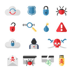 Hacker flat icons set with bug virus crack worm spam