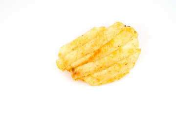 One potato chip on a white background