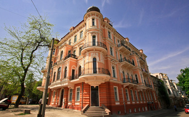 Fototapeta premium Orange house with bay window and tower