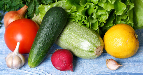 vegetables on а blue wooden table