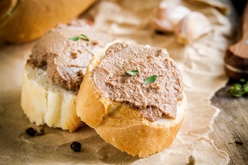 sandwiches with homemade chicken liver pate closeup