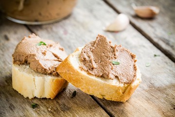 homemade chicken liver pate with fresh baguette